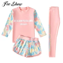 3Pcs Kids Girls Colorful Print Swimsuit Swimwear Long Sleeve Top Shorts with Pants Set Sun Protection Rash Guard Swimming Outfit