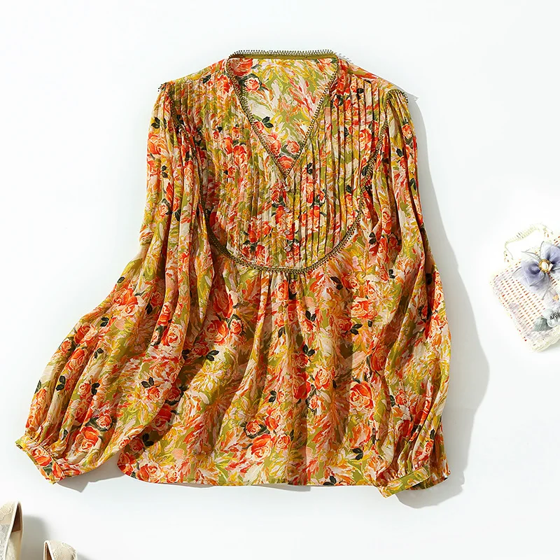 European and American women's wear spring 2022 new Long sleeves V neck yellow print Fashionable silk shirt
European and American women's wear spring 2022 new Long sleeves V neck yellow print Fashionable silk shirt
