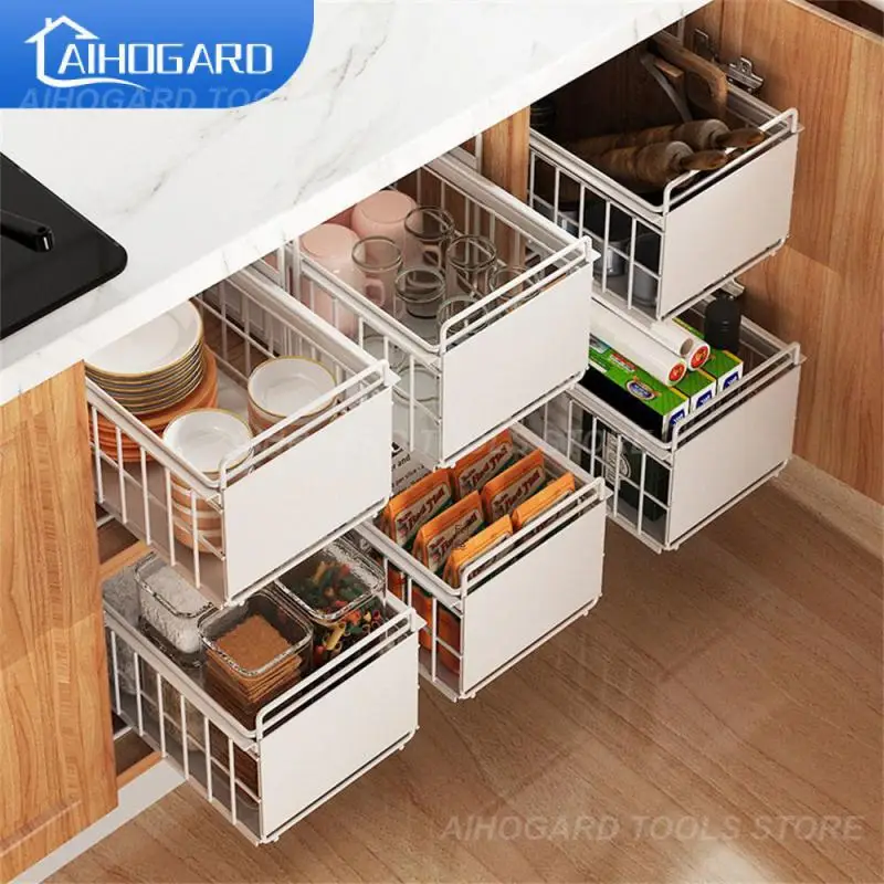 

Large-capacity Pull-out Kitchen Shelf Roller Slide Save Space Layered Storage Holder Strong Bearing Capacity Portable