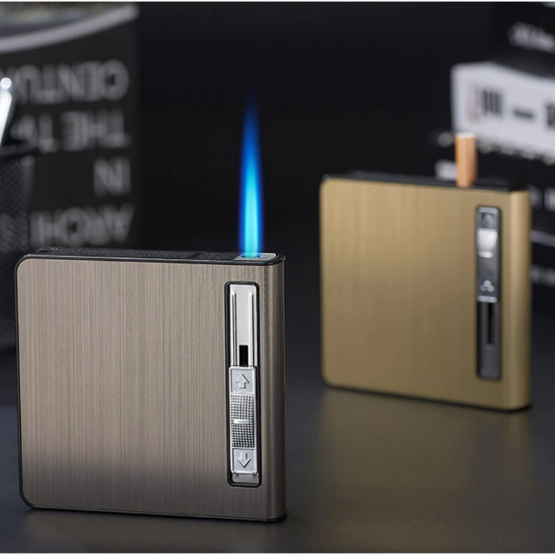 

Metal Automatic Pop-Up Cigarette Case Butane Gas Lighter Holds 20 Cigarettes Anti-Pressure Smoking Accessories Gadgets For Men