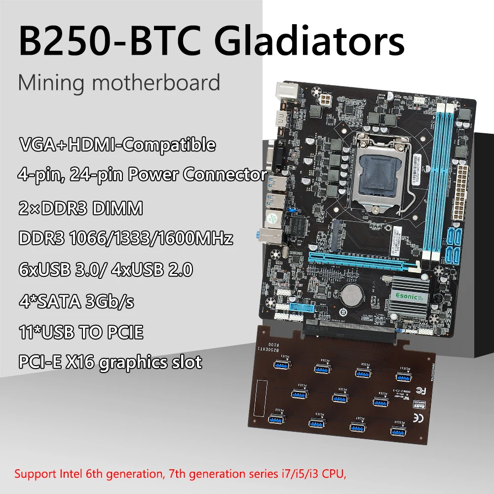 B250-BTC Gladiator Motherboard for LGA1151/i7/i5/i3 CPU USB3.0 DDR3 Mining Board SATA MSATA PCI-E 3.0 Desktop Computer Miner
B250-BTC Gladiator Motherboard for LGA1151/i7/i5/i3 CPU USB3.0 DDR3 Mining Board SATA MSATA PCI-E 3.0 Desktop Computer Miner