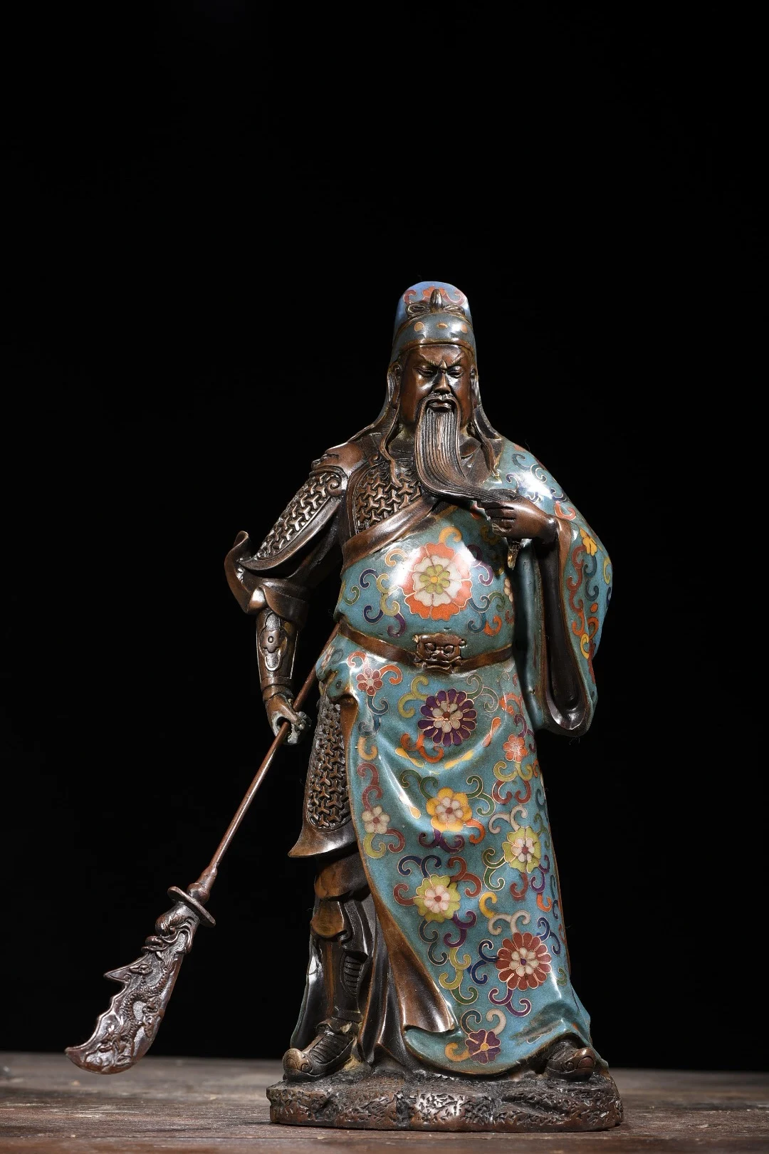 

16"Tibetan Temple Collection Purple Bronze Cloisonne Guan Yu Guan Yunchang carry knife God of Wealth ornament Town house