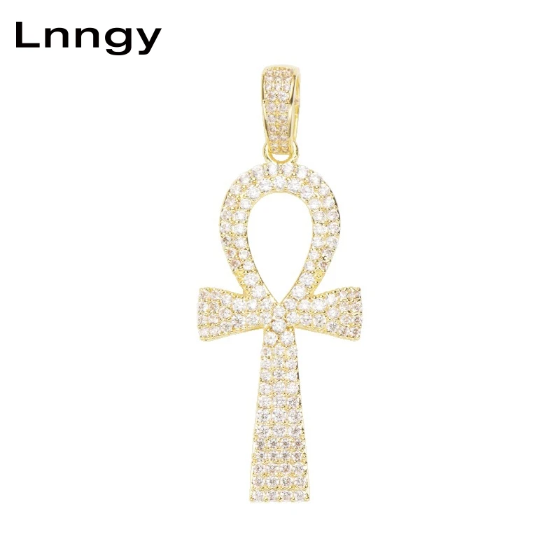 

Lnngy 10K ТВЕРДОЕ желтое золото, сверкающий Египетский Анкх очаровательный крестик-кулон CZ в стиле хип-хоп, религиозный женский подарок для муж...