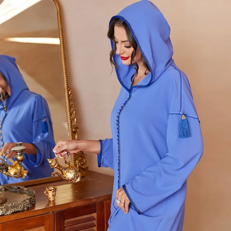 Muslim Fashion Ladies Robe Blue Ribbon Fringe Hooded Middle East Abaya Dubai Turkey Islamic Clothing kaftan femme musulman 2022
Muslim Fashion Ladies Robe Blue Ribbon Fringe Hooded Middle East Abaya Dubai Turkey Islamic Clothing kaftan femme musulman 2022