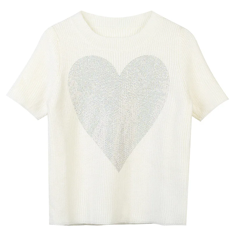 2022 Summer Love Heart Diamonds Beaded Short Sleeve Knitted Top Casual Ladies White Thin Pullover Sweter Shirt Knitwear
2022 Summer Love Heart Diamonds Beaded Short Sleeve Knitted Top Casual Ladies White Thin Pullover Sweter Shirt Knitwear