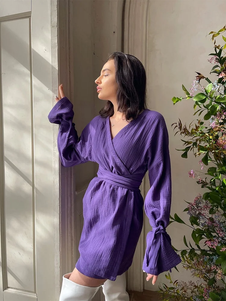 Chic Dress Evening Wrap Dress Long Sleeve Lace Up Casual Purple Dress With Sashes Female V-Neck Crepe Dress Holiday Vestidos
Chic Dress Evening Wrap Dress Long Sleeve Lace Up Casual Purple Dress With Sashes Female V-Neck Crepe Dress Holiday Vestidos