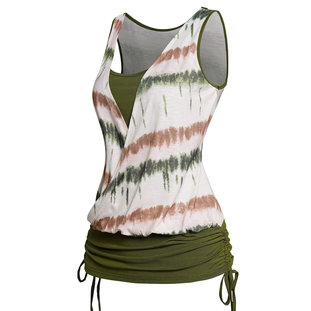 

Dressfo 2 In 1 Tank Top Tie Dye Print Colorblock Faux Twinset Tank Tops Sleeveless Cinched Ruched Crossover Top For Women