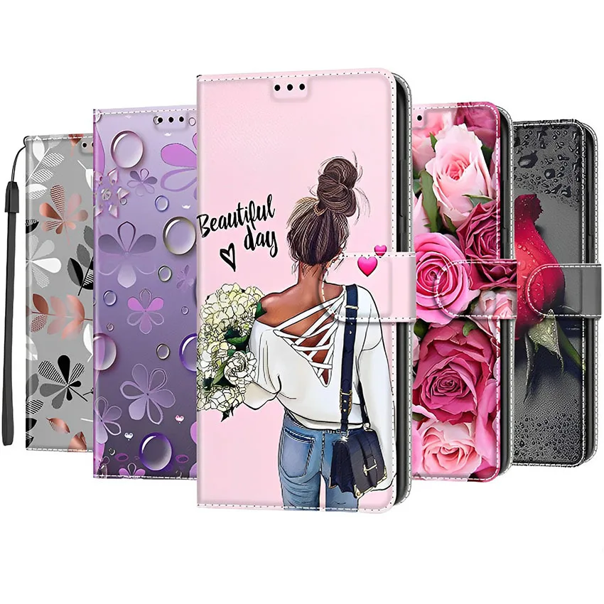

Fashion Girl Flower Rose Case For Samsung Galaxy S9 S10 S20 S21 FE S22 S23 Plus Ultra S8 Painted Ultra Thin Leather Book Cover