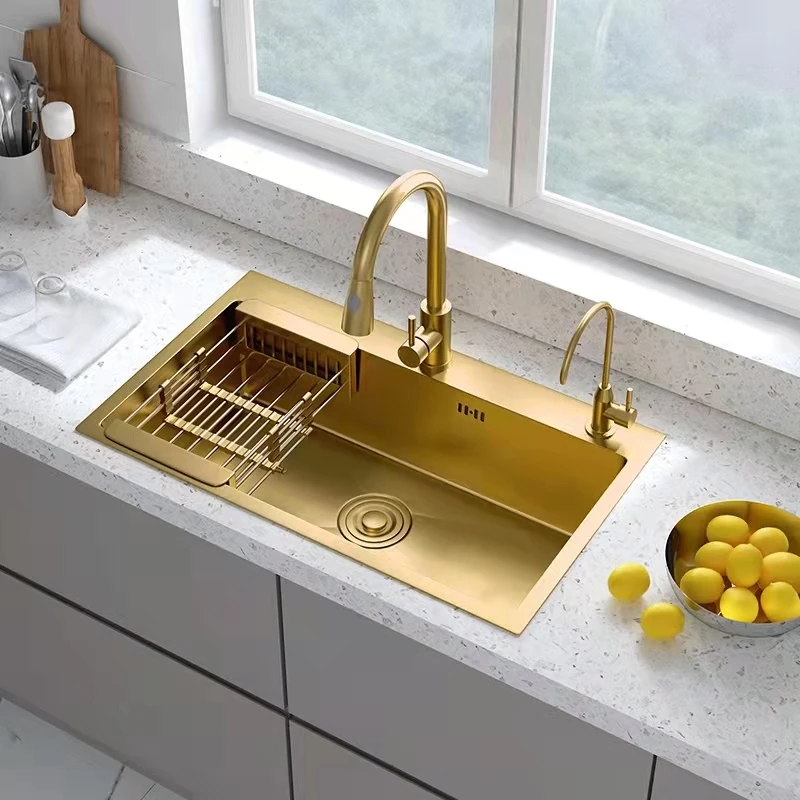 Brushed Gold Kichen Sink 304 Stainless Steel Single Bowl Above Counter or Udermount Sink Kitchen Thickness Kitchen Basin Sinks 6
Brushed Gold Kichen Sink 304 Stainless Steel Single Bowl Above Counter or Udermount Sink Kitchen Thickness Kitchen Basin Sinks 6