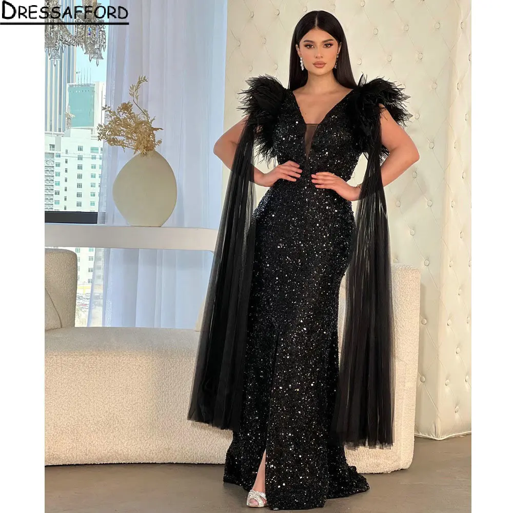 Black V-Neck Sequined Dubai Mermaid Evening Dress Sleeveless Feathers Ribbons Saudi Arabic Formal Party Gown
Black V-Neck Sequined Dubai Mermaid Evening Dress Sleeveless Feathers Ribbons Saudi Arabic Formal Party Gown