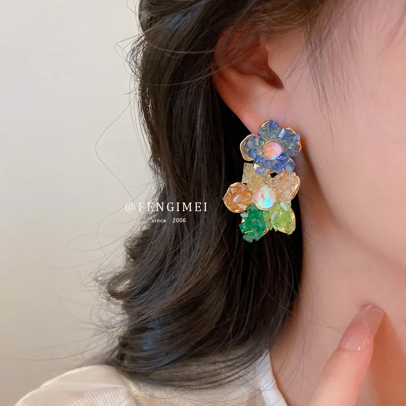

Silver Needle Small Fresh Color Crystal Flower Earrings Mori Style Internet Celebrity Sweet Fashion Ear Stud Drop Elegant Ea