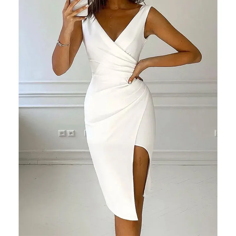Women Dress Sleeveless White Sling Asymmetric Slim Pack Hip Spring Summer V-Neck Pleated Slit Banquet Temperament Short Dress
Women Dress Sleeveless White Sling Asymmetric Slim Pack Hip Spring Summer V-Neck Pleated Slit Banquet Temperament Short Dress