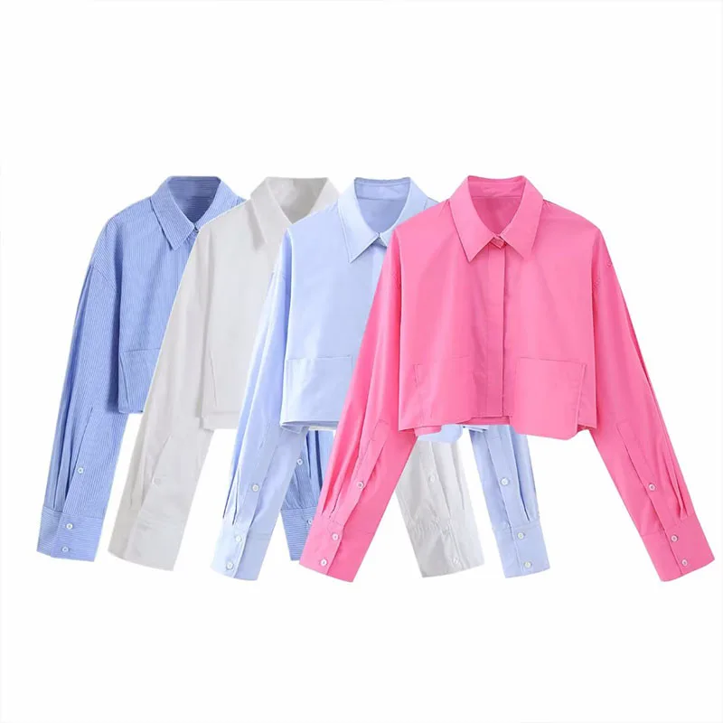 

Женская Весенняя модная укороченная блузка из поплина 2023, винтажные повседневные женские рубашки с длинным рукавом и пуговицами, блузы, шикарные топы 3404