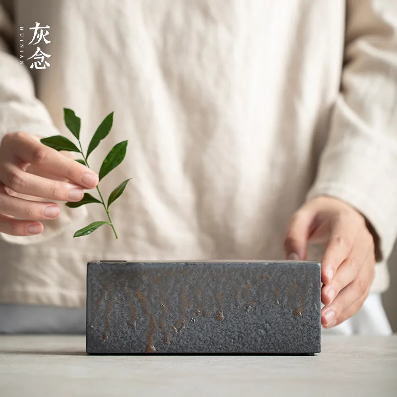 

Gray Stone Brick Flower Ware Japanese Style Coarse Pottery Small Vase Zen Flower Arrangement Decoration Dried Flower And Flowerp