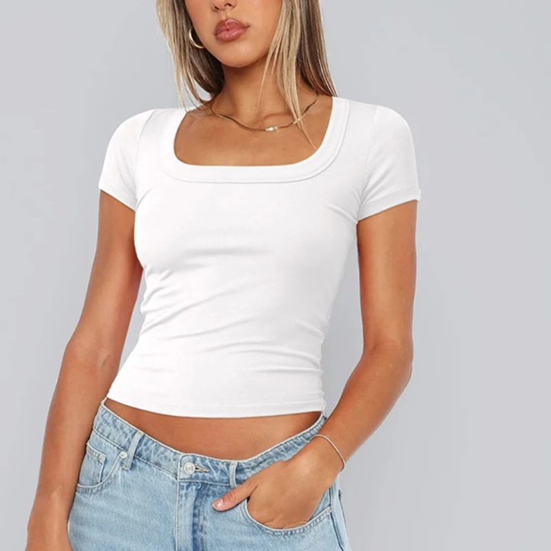 Women's Short Sleeve Baisc Crop Tops Ribbed Knit Square Neck Fit Sexy Summer Tshirt Y2K Streetwear
Women's Short Sleeve Baisc Crop Tops Ribbed Knit Square Neck Fit Sexy Summer Tshirt Y2K Streetwear