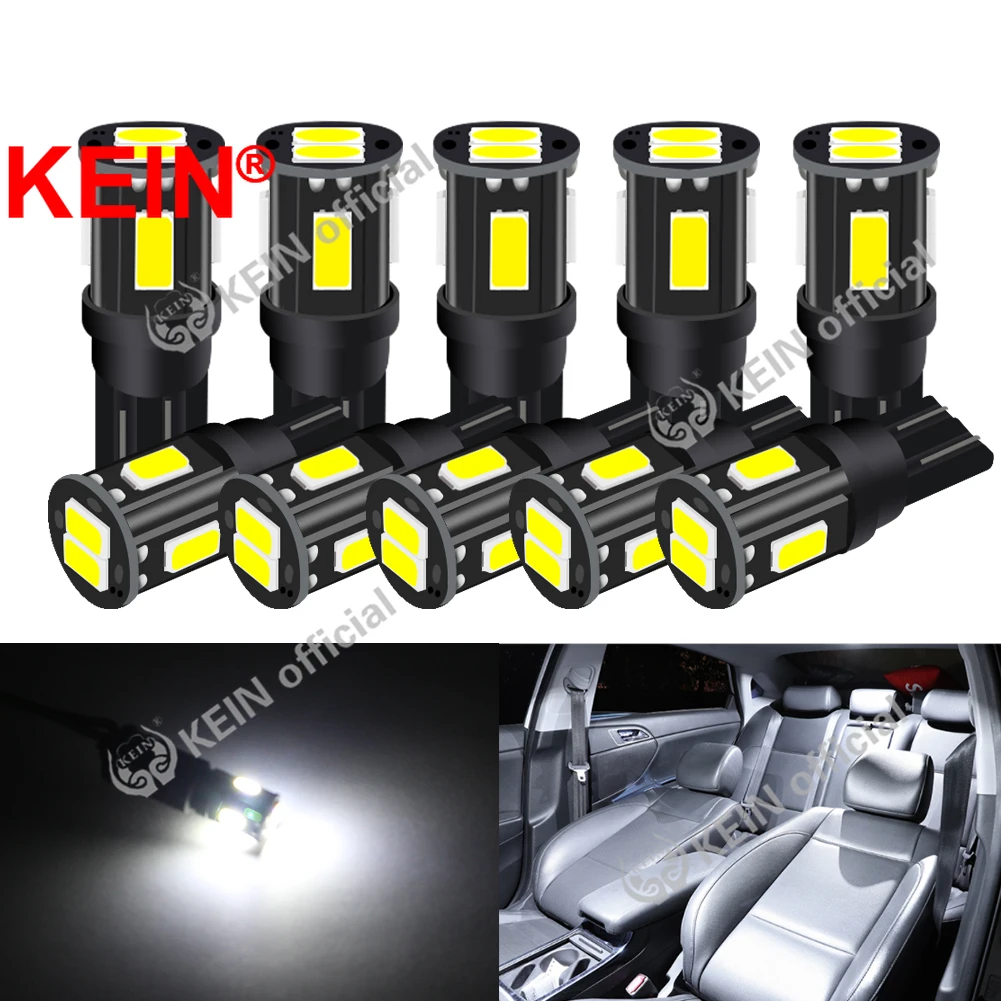 

KEIN 10PCS T10 LED W5W Car Interior Light 194 168 501 Auto Signal Lamp 12V 5730 6SMD Side Wedge License Plate Light Parking Bulb