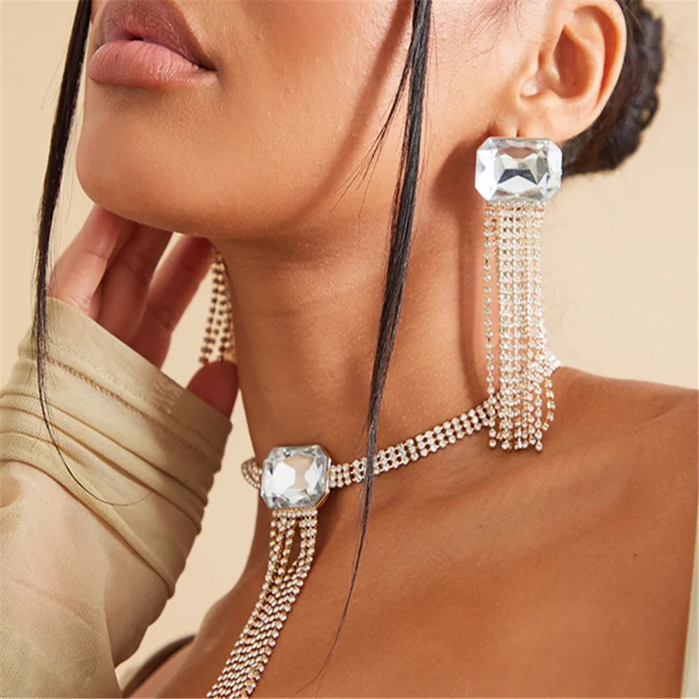Luxury Rhinestone Big Square Glass Long Tassel Necklace Earrings Set for Women Crystal Bridal Wedding Drop Earrings Necklaces
Luxury Rhinestone Big Square Glass Long Tassel Necklace Earrings Set for Women Crystal Bridal Wedding Drop Earrings Necklaces