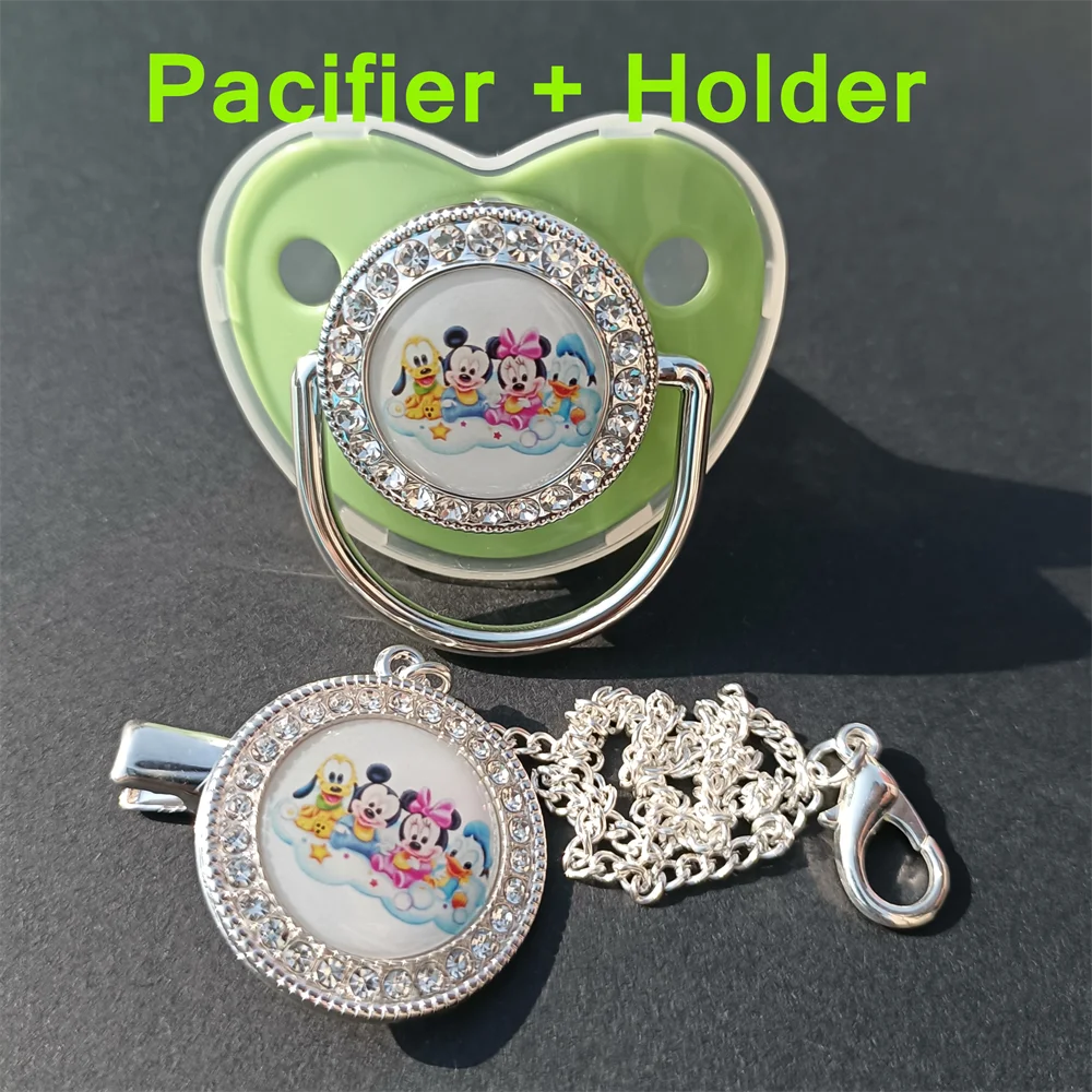 

[1 Set] Mickey Minnie Mouse Donald Duck Print Baby Bling Lollipop with Silica Gel Bead Pacifier Holder Clip Babies Accessories