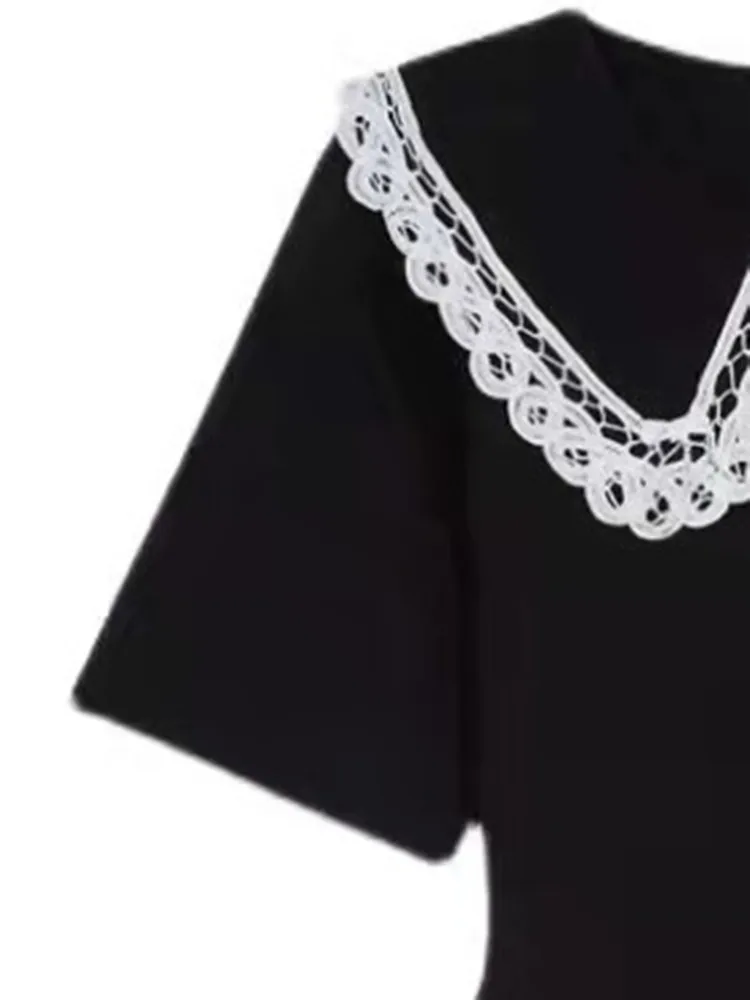 Women Mini Dress Lace Stitching Peter Pan Collar Slim Short Sleeve Splicing High Waist Robe Sweet
Women Mini Dress Lace Stitching Peter Pan Collar Slim Short Sleeve Splicing High Waist Robe Sweet