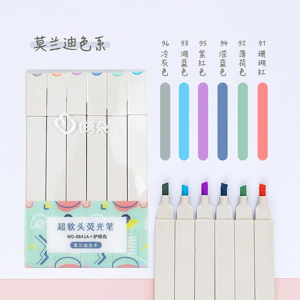

6PCS Kawaii Single Headed Highlighter Pen Soft Headed Light Colored Marking Pen Student Focus Color Marker Pen Set Stationery