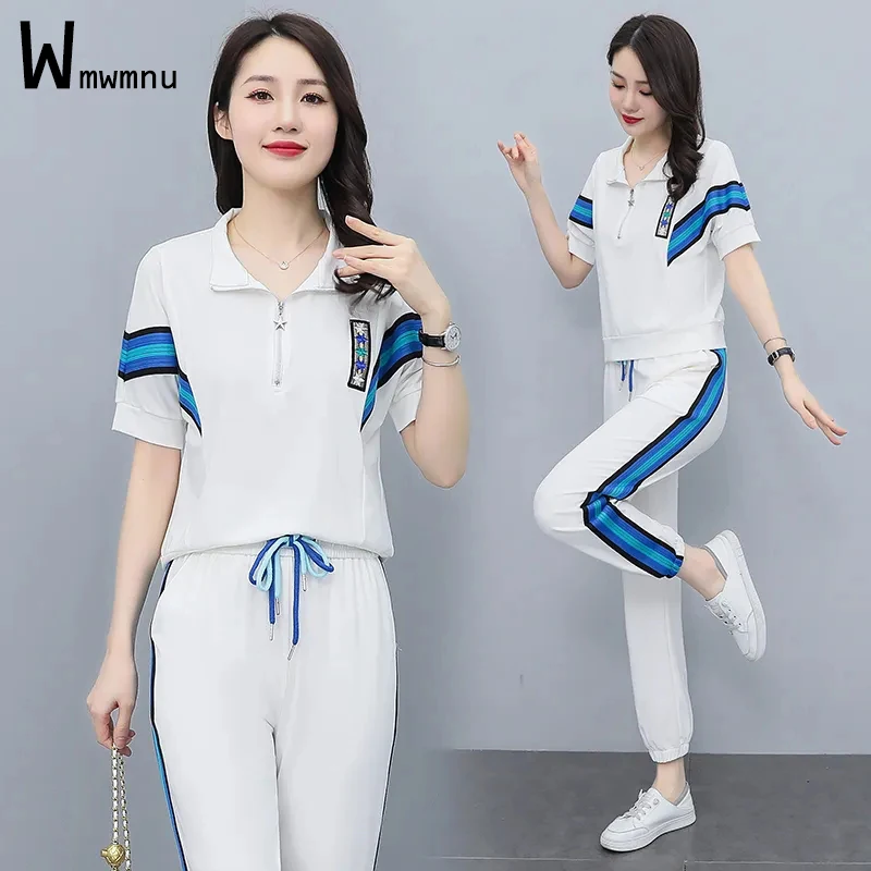 White Printed Spliced Women Summer Jogger Outfits 2 Piece Set Ladies Zipper Pullover Short Sleeve Top+Jogging Pants Tracksuits
White Printed Spliced Women Summer Jogger Outfits 2 Piece Set Ladies Zipper Pullover Short Sleeve Top+Jogging Pants Tracksuits