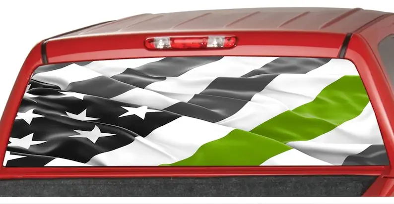 

Waving AMERICAN Flag Green Thin Line Army Military Patriotic USA Rear Window Graphics Decal Tint Perforated Sticker for Truck Vi