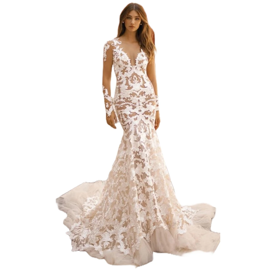 Long Sleeve Lace Overlay Mermaid Wedding Dress with Plunging Neckline Court Train Transparent Long Sleeves Champagne Bridal Gown
Long Sleeve Lace Overlay Mermaid Wedding Dress with Plunging Neckline Court Train Transparent Long Sleeves Champagne Bridal Gown
