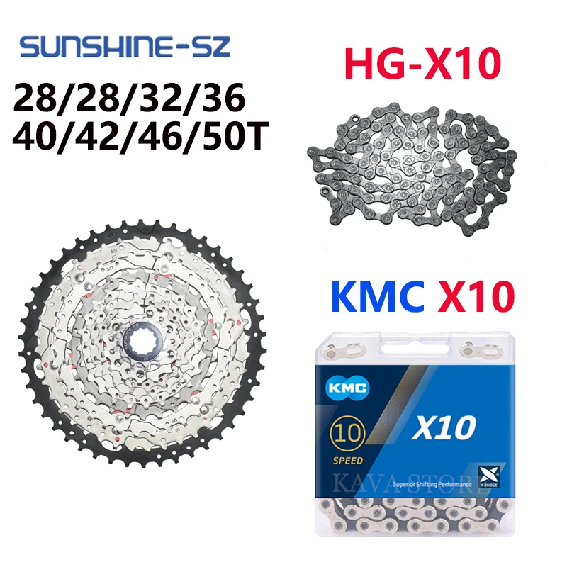 SUNSHINE 10 Speed 25/28/32/36/40/42/46/50T Cassette Cassette KMC X10 116 Link Chain HG-X10 Chain for Deore M6000 M6100 SRAM
SUNSHINE 10 Speed 25/28/32/36/40/42/46/50T Cassette Cassette KMC X10 116 Link Chain HG-X10 Chain for Deore M6000 M6100 SRAM