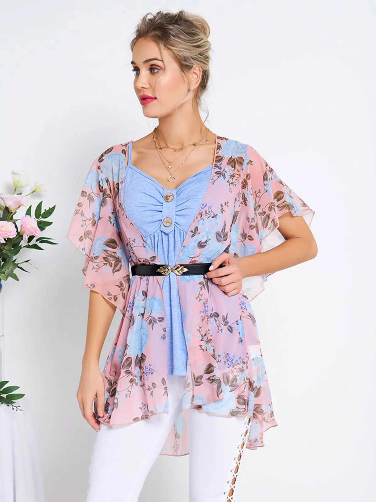 

Dressfo Flutter Sleeve Women Blouse Flower Print Thru Chiffon Top Ruched Mock Button Camisole Two Piece Set V-Neck Casual Top