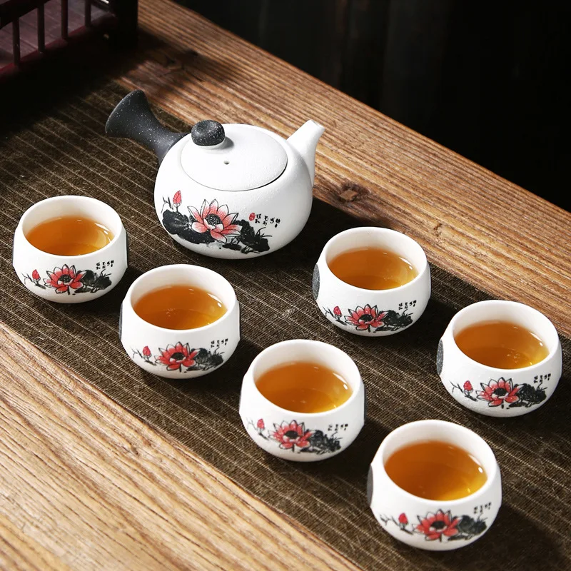 

Китайский дорожный керамический чайный набор кунг-фу, 1 чайный горшок, 6 чайных чашек, 220 мл, чайный горшок, чайная церемония, портативный изыс...