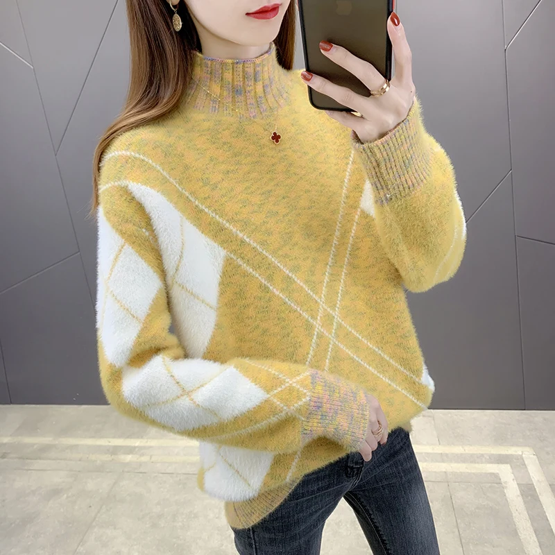 

Colorblock Imitation Mink Velvet Sweater Pullover Women New Autumn Winter Half Turtleneck Sweaters Jumper Clothes Female Tops