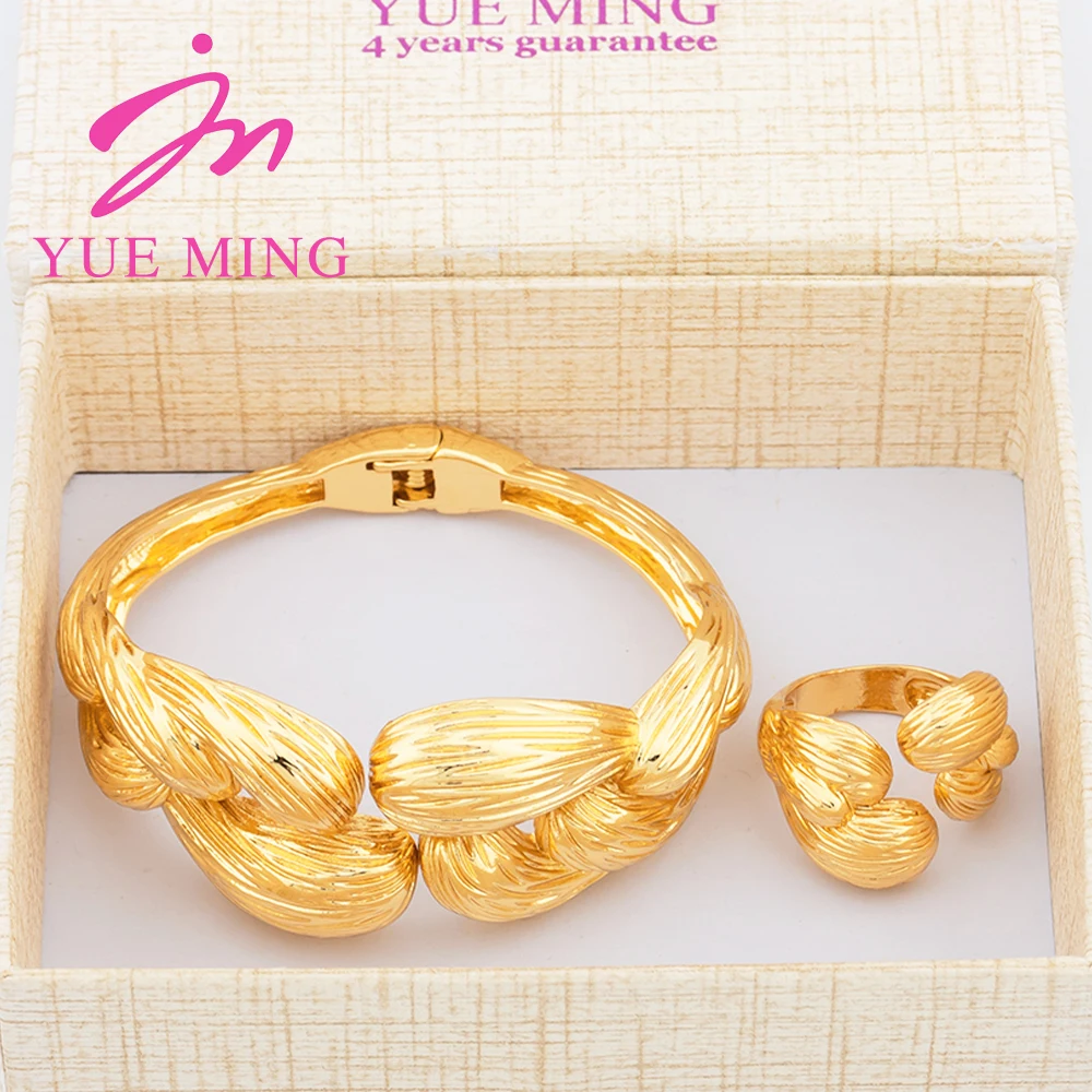

YM African Cuff Bangles With Rings Wedding Banquet Gifts for Women Charm Adjustable Rings 18k Gold Plated Bracelet Jewelery Sets