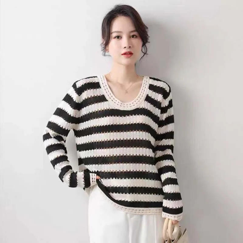 Tops Sleeve Pullover Knitted Women Long Sweaters Casual Oversize Striped Spring Out All-match Loose Hollow Korean Autumn Fashion
Tops Sleeve Pullover Knitted Women Long Sweaters Casual Oversize Striped Spring Out All-match Loose Hollow Korean Autumn Fashion