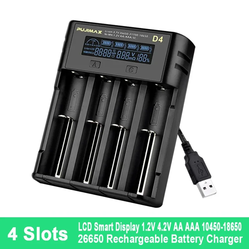 18650 Li-ion/Lithium Battery Charger Smart LCD Display USB 4 Slots 26650 21700 22650 1.2V AA/AAA Rechargeable Batteries
18650 Li-ion/Lithium Battery Charger Smart LCD Display USB 4 Slots 26650 21700 22650 1.2V AA/AAA Rechargeable Batteries