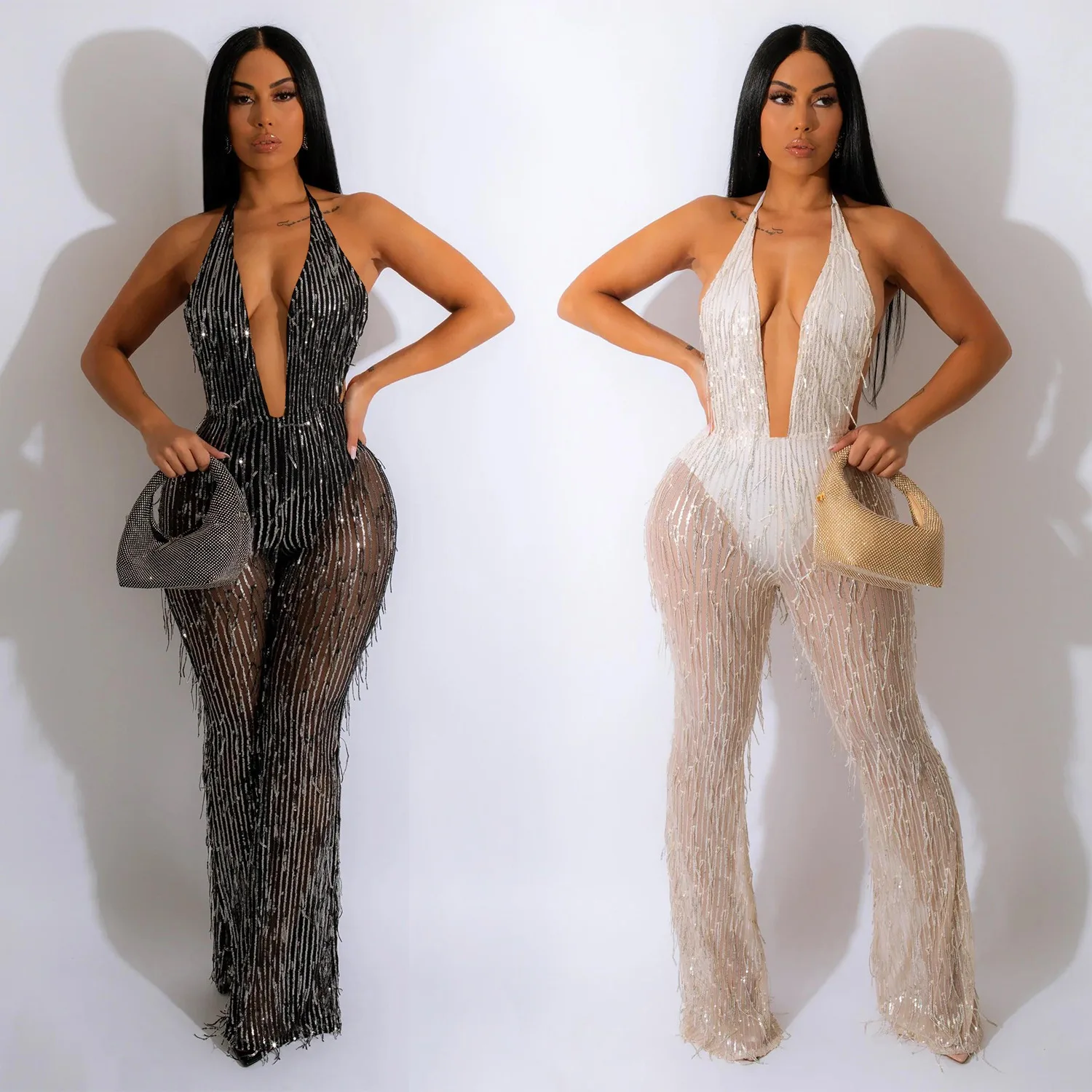 YIKUO Autumn Deep V Neck Halter Backless Sequin Mesh Perspective Sleeveless Women Jumpsuit Elegant Commuting Clouthes overalls
YIKUO Autumn Deep V Neck Halter Backless Sequin Mesh Perspective Sleeveless Women Jumpsuit Elegant Commuting Clouthes overalls