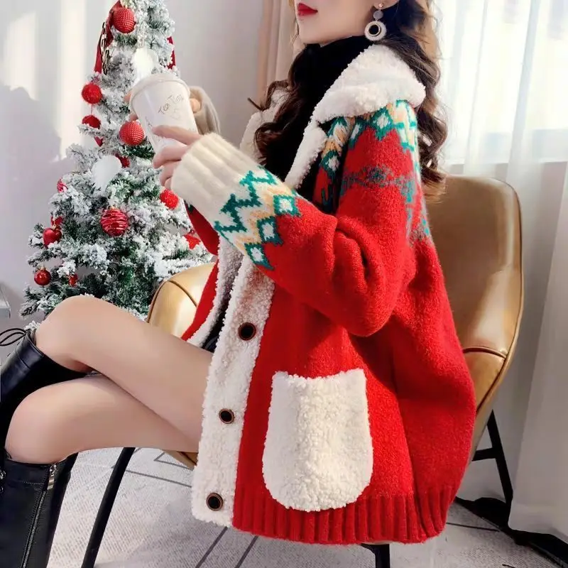 

2023 Woman Sweaters Christmas Red Sweater Cardigan Women Thickened Autumn Winter Loose Knitted Coat Femme Chandails Pull Hiver