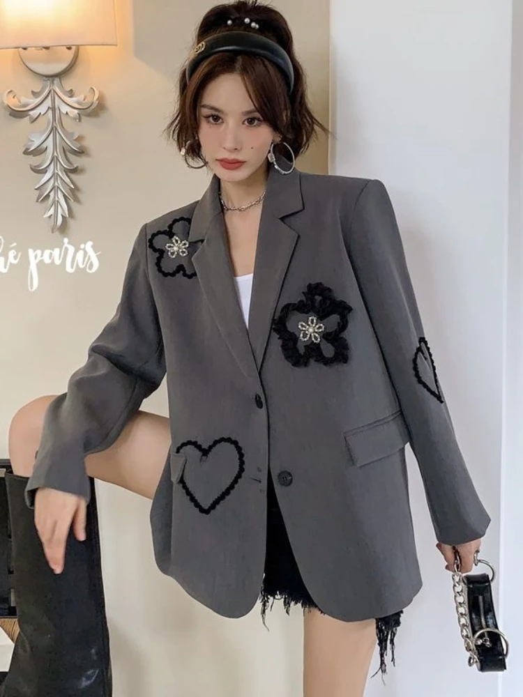 

UNXX Grey Oversized Women Blazers Three-dimensional Flower Heart Embroidery Silhouette Suit Jacket Women's Casual Suit Y2k Coats