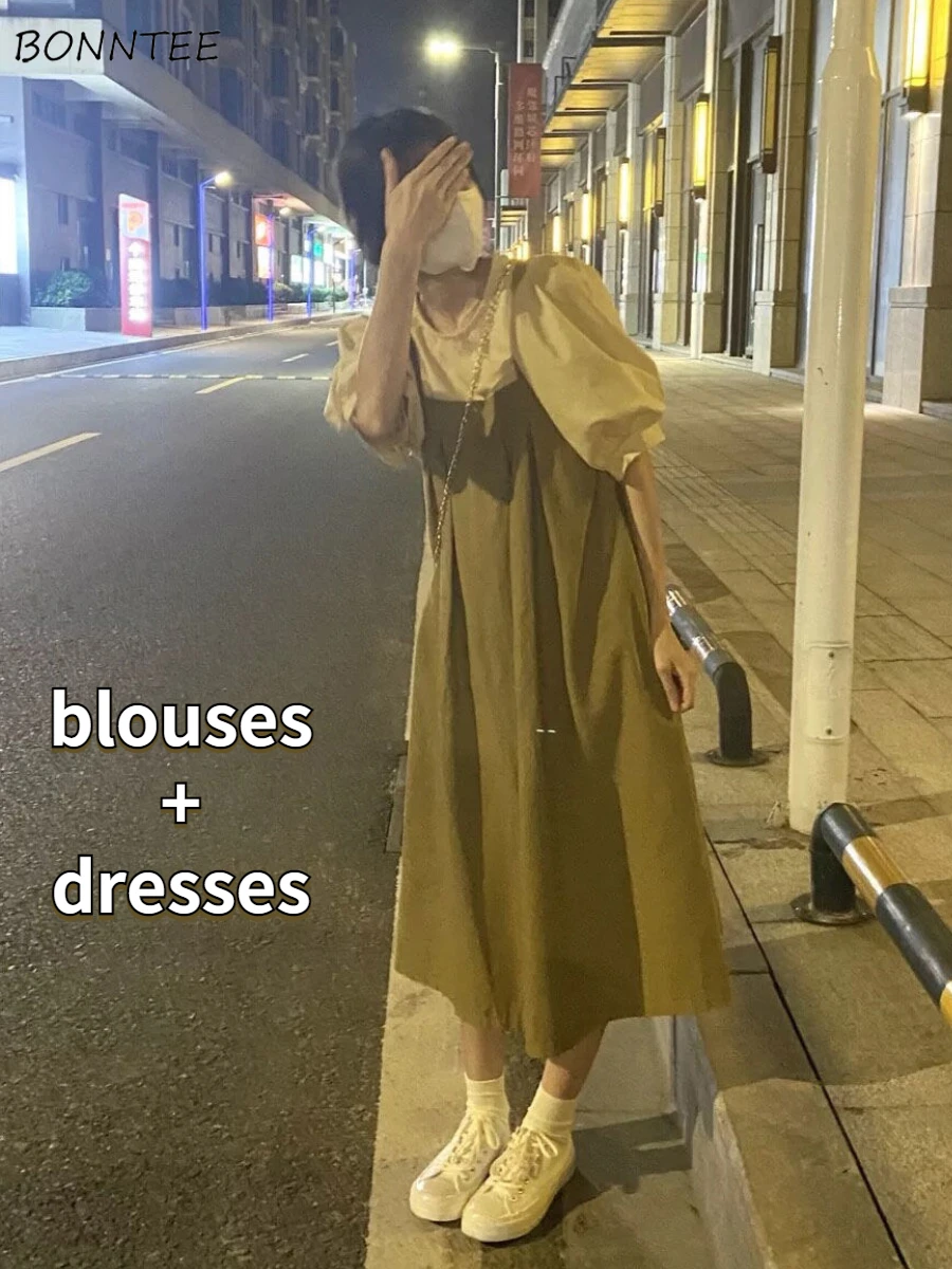 Women 2 Pieces Sets Midi Dresses Puff Sleeve Blouses Loose Sweet Holiday Gentle Girlish Summer Mujer Outfits Retro Young Tender 
Women 2 Pieces Sets Midi Dresses Puff Sleeve Blouses Loose Sweet Holiday Gentle Girlish Summer Mujer Outfits Retro Young Tender