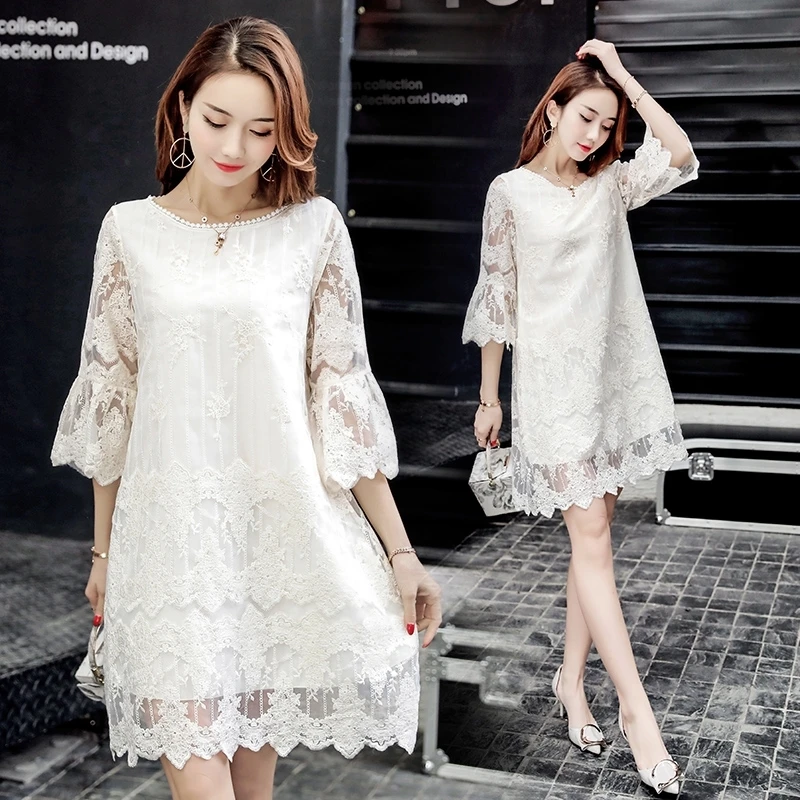 Dress A-line Lace Embroidery Ladies Base Dress White Hollow Mesh Round Neck 3/4 Flared Sleeve Womens Loose Mini Dress Spring K58
Dress A-line Lace Embroidery Ladies Base Dress White Hollow Mesh Round Neck 3/4 Flared Sleeve Womens Loose Mini Dress Spring K58