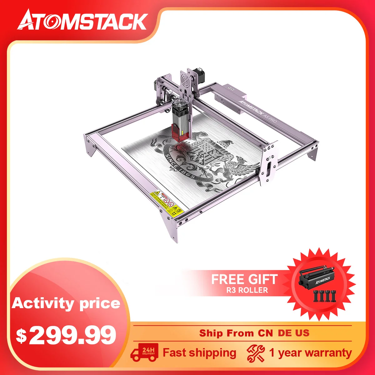 

ATOMSTACK A5 PRO 40W Laser Engraver + Rotary Roller Laser Engraving Machine Mark On Cans,Eggs,Cylinders,Bottle,Pen