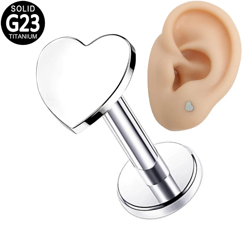 

G23 Titanium Labret Ring Ear Piercing Flat Heart Top Internally Threaded Tragus Cartilage Helix Studs Earrings Lip Ring Jewelry
