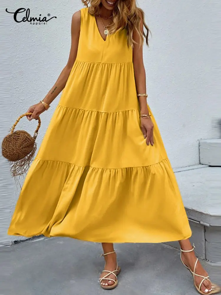 

Celmia Summer Sleeveless Tiered Dressess Women Vacation Casual Loose V-neck Beach Maxi Dress Fashion Solid Color Long Robes