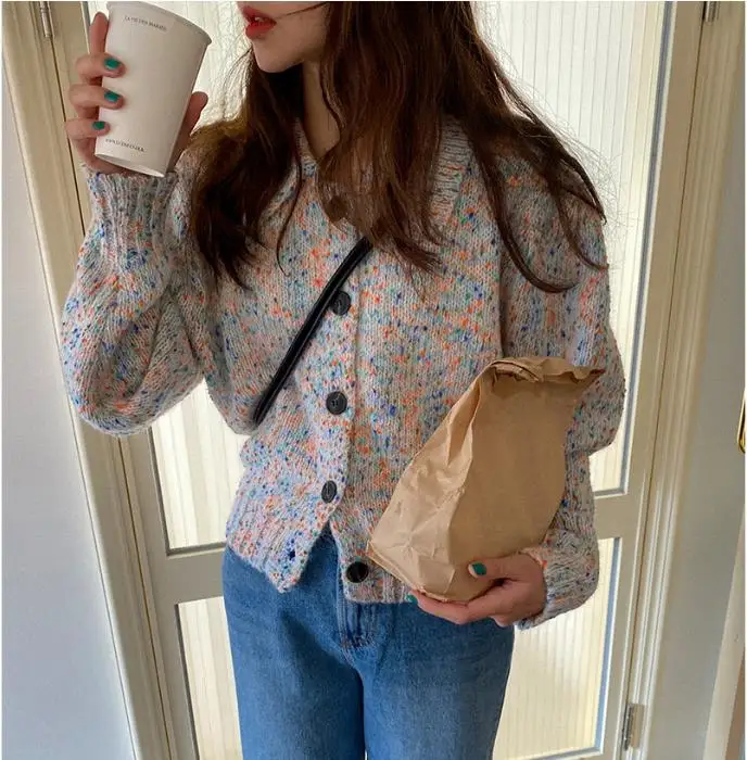 Autumn and winter girls rainbow color mohair lapel loose knitted long-sleeved sweater cardigan women
Autumn and winter girls rainbow color mohair lapel loose knitted long-sleeved sweater cardigan women