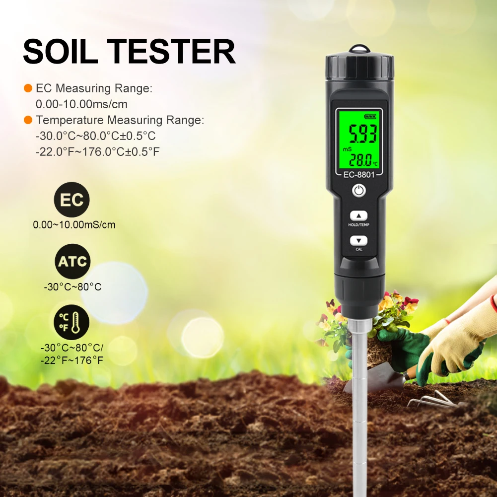 Digital Soil Meter LCD Display Backlight EC Temperature Meter Detachable Probe 0.00-10.00mS/cm Garden Meter Soil Tester Tools
Digital Soil Meter LCD Display Backlight EC Temperature Meter Detachable Probe 0.00-10.00mS/cm Garden Meter Soil Tester Tools