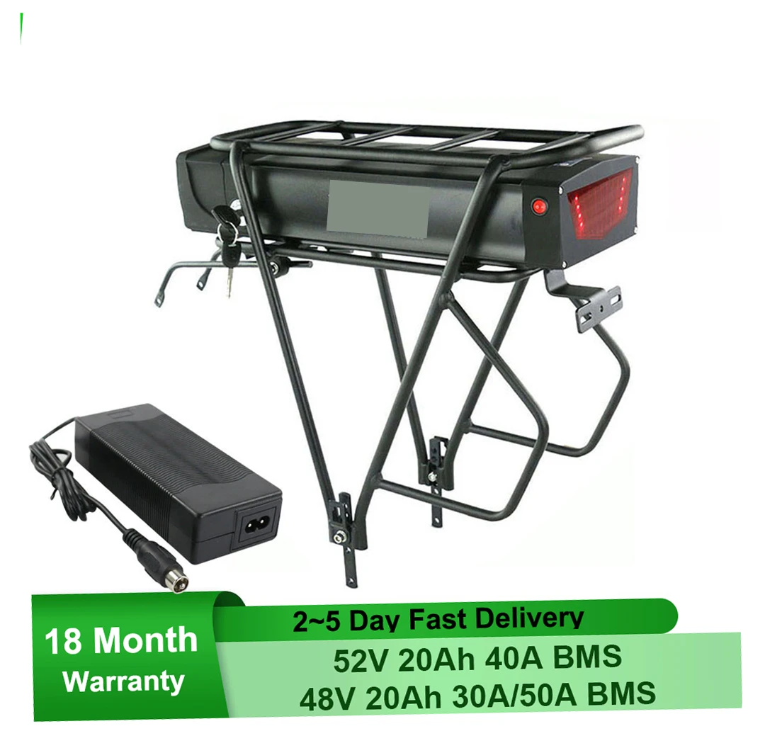 48V 20Ah 52V 20Ah eBike Battery With Rear Rack for 750W 1000W 1500W 1800W Motor Electric Bicycle Removable Lithium Battery Pack
48V 20Ah 52V 20Ah eBike Battery With Rear Rack for 750W 1000W 1500W 1800W Motor Electric Bicycle Removable Lithium Battery Pack