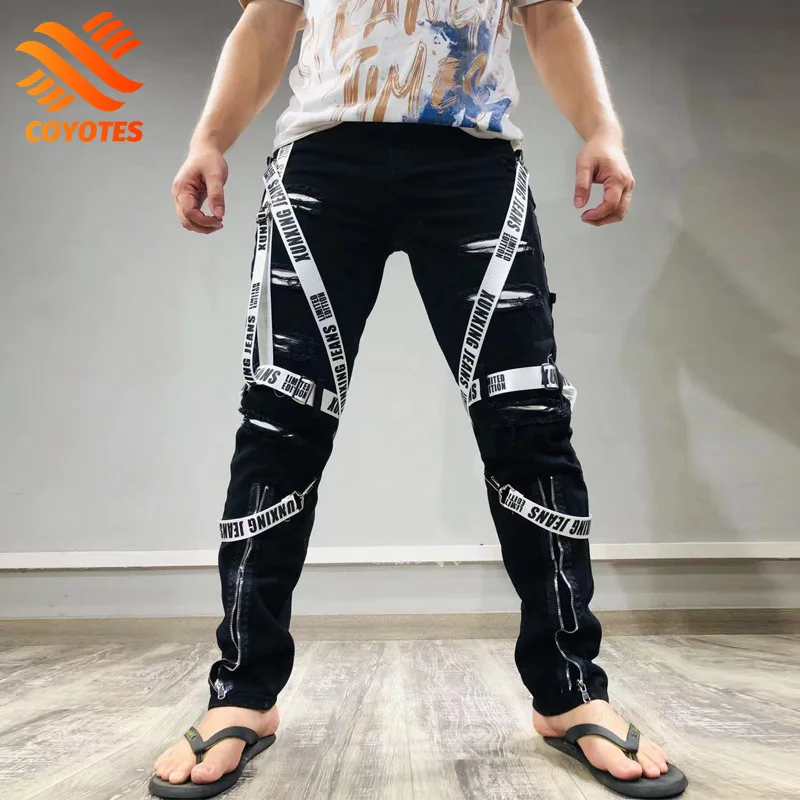 COYOTES Skinny Jeans Men Pants Ripped Hole Webbing Denim Jeans Hip Hop Pants Small Feet Zipper Slim Straight Pencil Pants
COYOTES Skinny Jeans Men Pants Ripped Hole Webbing Denim Jeans Hip Hop Pants Small Feet Zipper Slim Straight Pencil Pants