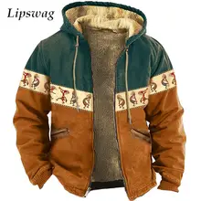 Vintage Graphic Printing Patchwork Fleece Jacket For Men Autumn Winter Casual Zipper Hooded Wool Lining Coats For Mens Outerwear