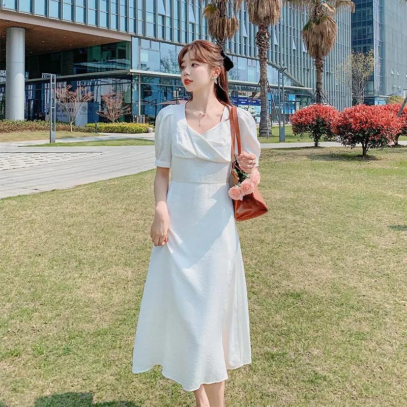 Summer New Women Mid Long Elegant Short Puff Sleeves Dress Solid Sexy V-neck Side Spilts France Sytle Casual High Waist Dress
Summer New Women Mid Long Elegant Short Puff Sleeves Dress Solid Sexy V-neck Side Spilts France Sytle Casual High Waist Dress