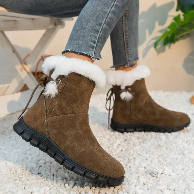 

Женские ботинки на шнуровке, однотонные короткие ботинки с круглым носком, на плоской плюшевой подкладке, теплые зимние ботинки, 2023