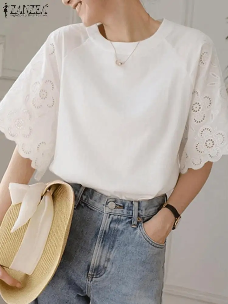 ZANZEA Summer Solid Lace Blouse Round Neck Short Sleeve Loose Tops Female Fashion Casual Chemise Women OL Work Tops Oversized
ZANZEA Summer Solid Lace Blouse Round Neck Short Sleeve Loose Tops Female Fashion Casual Chemise Women OL Work Tops Oversized